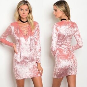 NWT “Blue Blush” Pink Crushed Velvet Lace Up Mini Dress. Med.